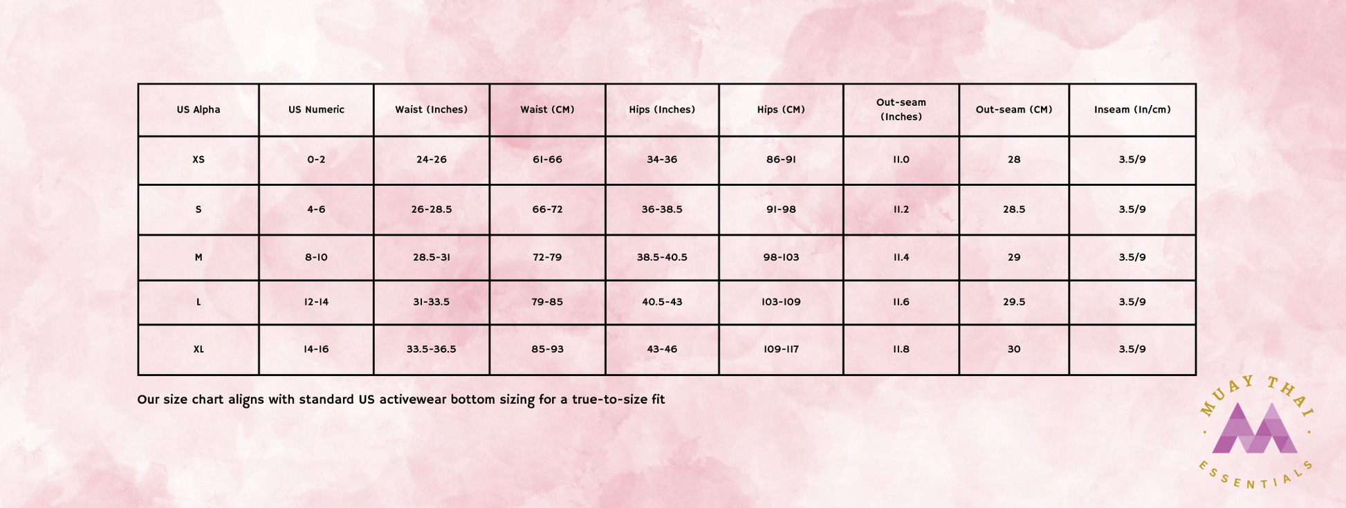 MTE Women’s Shorts Size Chart